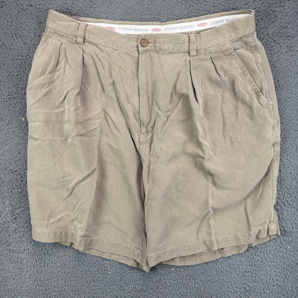 Tommy Bahama Mens 38 Tan 100% Silk Pleated Herringbone Relaxed Shorts
